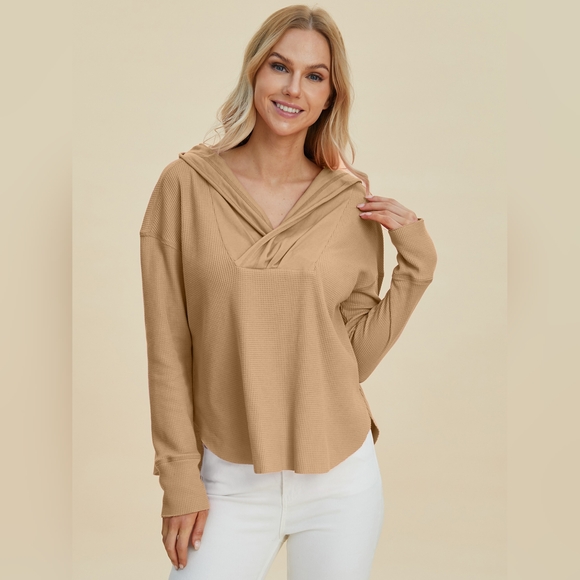 Double Take Full Size High-Low Dropped Shoulder Long Sleeve Hoodie - Picture 3 of 7